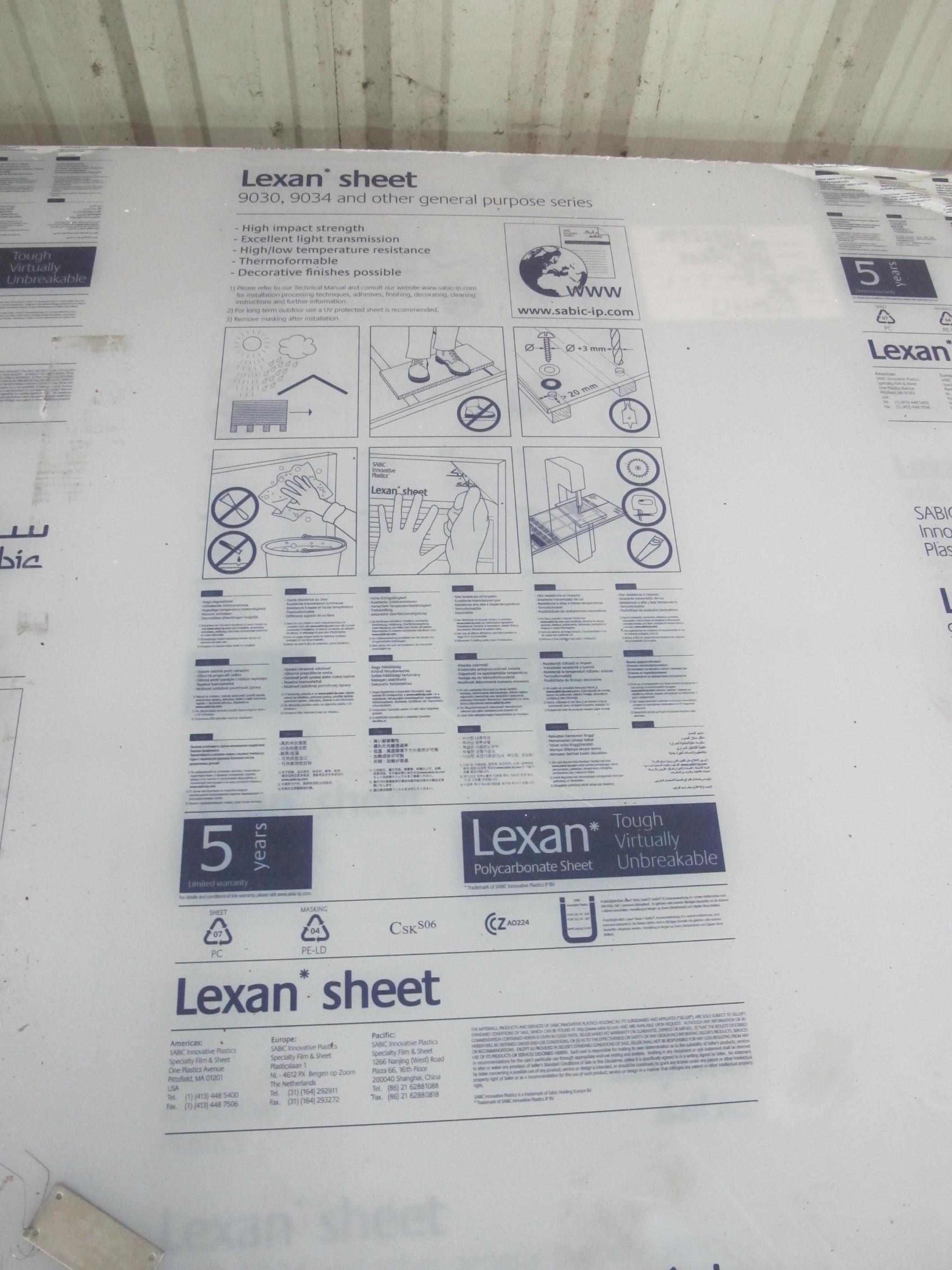 LOT PALLET W/ (6) 8' X 4' X 1/4" LEXAN PLASTIC TYPE MATERIAL SHEETS, OPTICALLY CLEAR, 9034 ULTRA MASKING BOTH SIDES GENERAL PURPOSE. LOW UV RESISTANCE & LOW ABRASION RESISTANCE (W-44) LOADING & HANDLING FEE $15-
